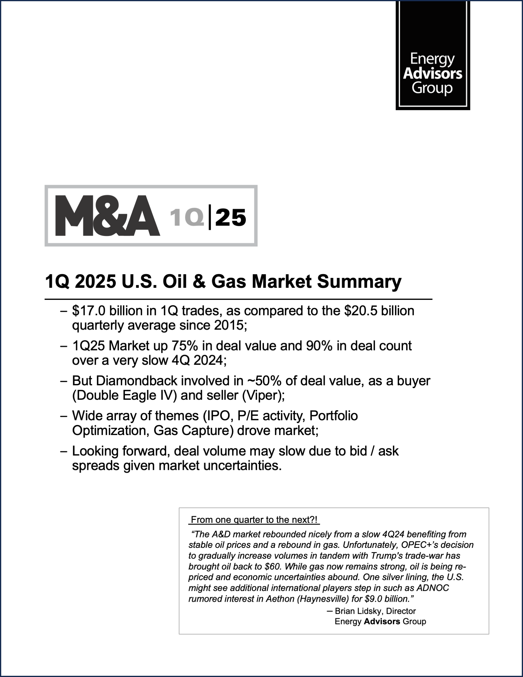 01Q25 QUARTERLY M&A REPORT